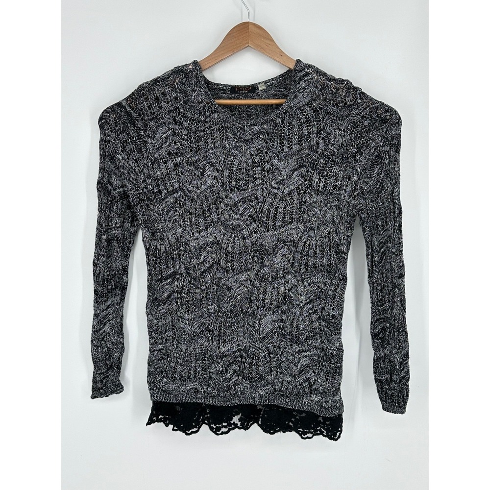 FYLO London Women's Sz XL Lace Hem Soft Knit Sweater Pullover Black Gray R1